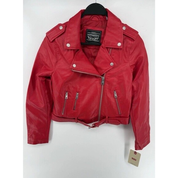 Levis Womens Faux Leather Motorcycle Jacket, Red, XS - Picture 1 of 2